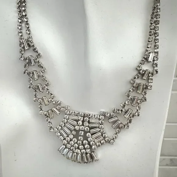 Vintage Icy Crystal Rhinestone Parure Set Necklace Bracelet Earrings Prom Bridal